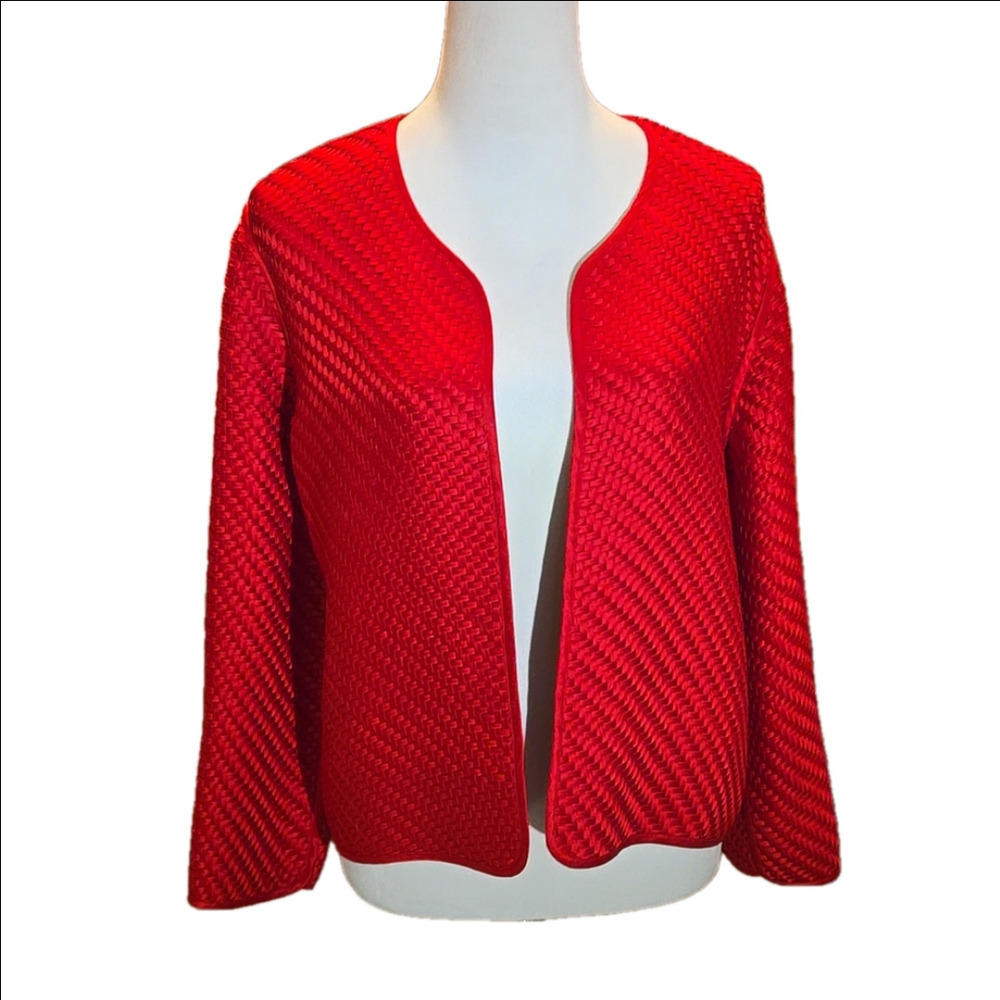 CHICO'S 0 (XS/4) 100% Silk Red Open Front Woven Basket Weave Jacket Chico